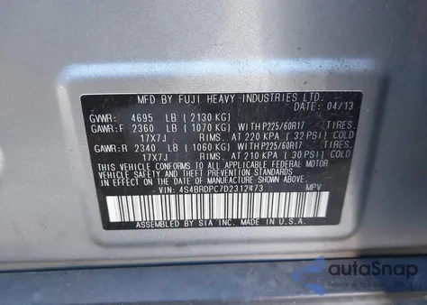 2013 Subaru Outback 3.6R Limited from USA, damaged, VIN 4S4BRDPC7D2312473